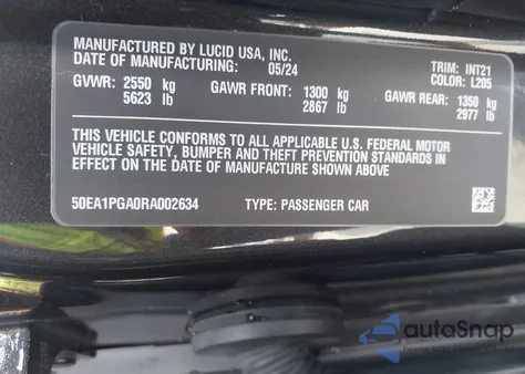 2024 Lucid Air Pure z USA, uszkodzony, nr VIN 50EA1PGA0RA002634